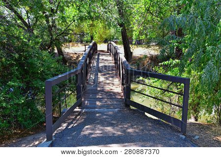 Views Of Jordan River Trail Pedestrian And Train Track Bridge With Surrounding Trees, Russian Olive,