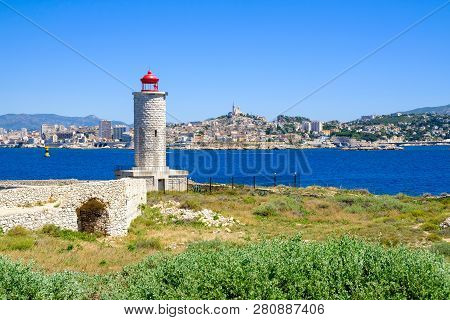 Chateau Dif, Lighthouse On Coast Of The Island And A Beautiful Panoramic View Of Marseille.. Castle 