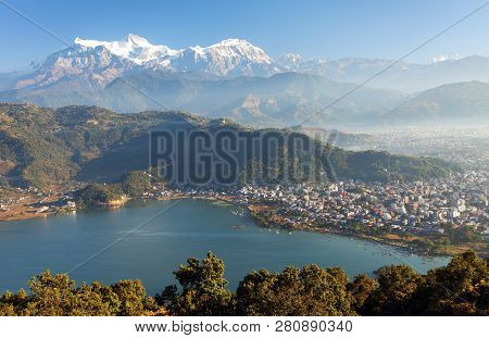 Panoramic View Of Mount Annapurna, Himalayan Range, Pokhara And Phewa Lake, Pokhara Valley, Nepal Hi