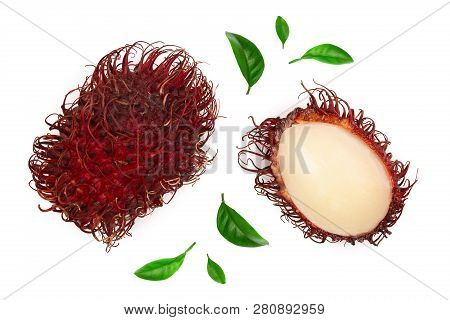Rambutan Isolated On White Background. Tropical Fruit. Nephelium Lappaceum. Top View. Flat Lay