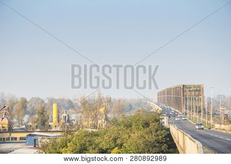 Belgrade, Serbia - August 2, 2015: Dense Car Traffic Passing By The Pancevacki Most, Or Pancevo Brid