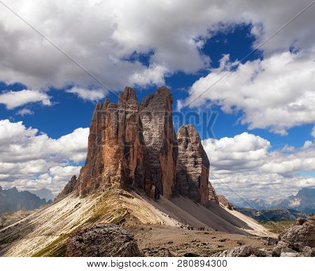 View Of Drei Zinnen Or Tre Cime Di Lavaredo With Beautiful Cloud On Sky, Sextener Dolomiten Or Dolom