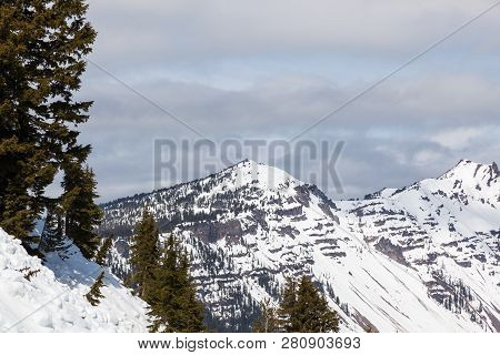 Watchman Peak On The Left And Hillman Peak On The Right Still Covered In Snow In Early Spring At Cra