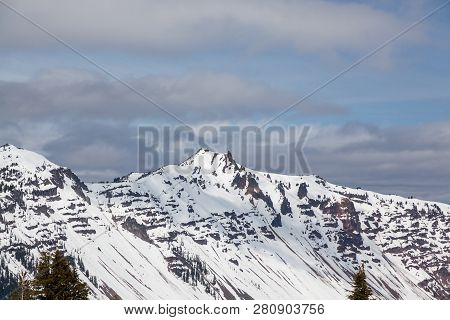Watchman Peak On The Left And Hillman Peak On The Right Still Covered In Snow In Early Spring At Cra