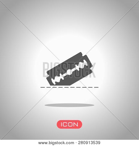 Razor Blade And Cutting Line. Simple Single Icon. Icon Under Spotlight. Gray Background