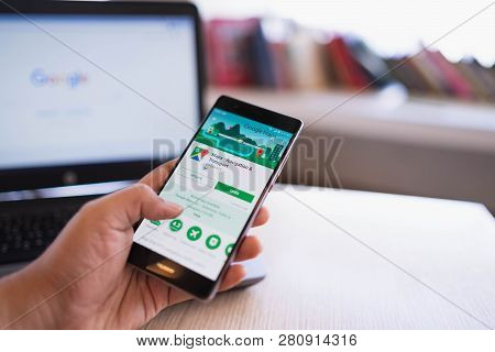 Chiang Mai, Thailand - June 03,2018: Man Holding Huawei With Google Maps On The Screen.google Maps I