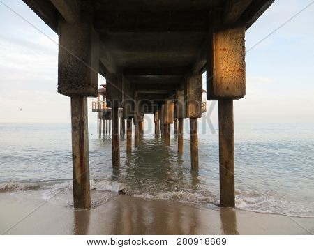 Anyer, Indonesia - June 27, 2018: The Seascape View Under The Pier.