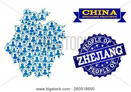 People Collage Of Blue Population Map Of Zhejiang Province And Rubber Seal. Vector Seal With Scratch