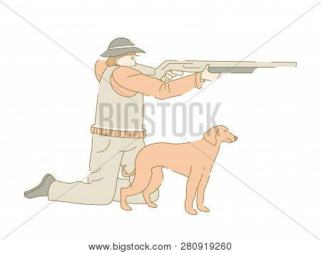 Hunter With Rifle And Dog Aiming Prey Hunting