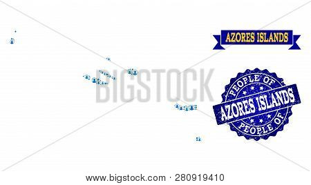 People Composition Of Blue Population Map Of Azores Islands And Rubber Seal. Vector Watermark With S