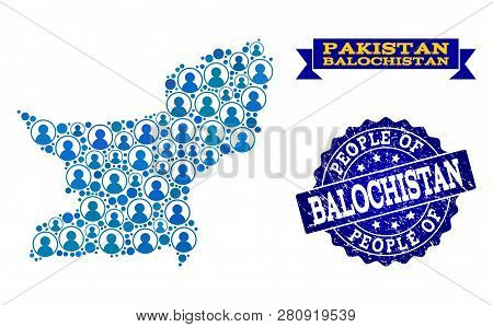 People Combination Of Blue Population Map Of Balochistan Province And Rubber Seal. Vector Imprint Wi