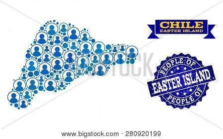 People Collage Of Blue Population Map Of Easter Island And Rubber Seal. Vector Seal With Scratched R