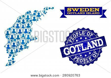 People Combination Of Blue Population Map Of Gotland Island And Rubber Stamp. Vector Watermark With 