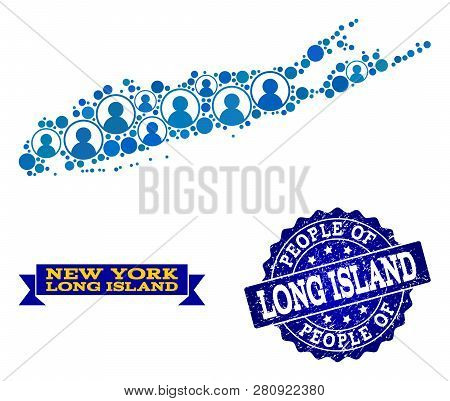People Collage Of Blue Population Map Of Long Island And Rubber Stamp. Vector Seal With Distress Rub