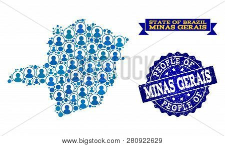 People Composition Of Blue Population Map Of Minas Gerais State And Grunge Seal Stamp. Vector Seal W