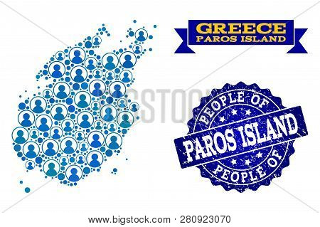 People Composition Of Blue Population Map Of Paros Island And Scratched Seal Stamp. Vector Seal With