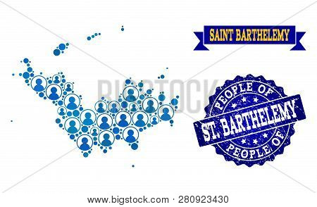 People Combination Of Blue Population Map Of Saint Barthelemy And Rubber Seal Stamp. Vector Seal Wit