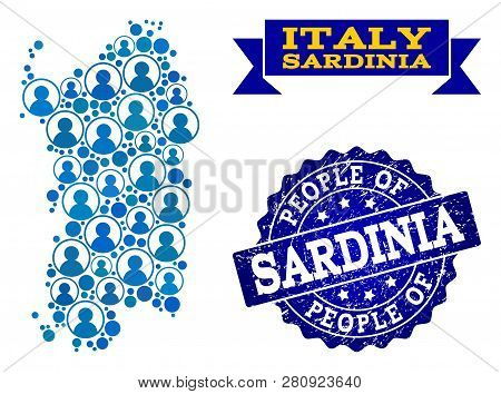 People Combination Of Blue Population Map Of Sardinia Region And Rubber Seal. Vector Seal With Uncle