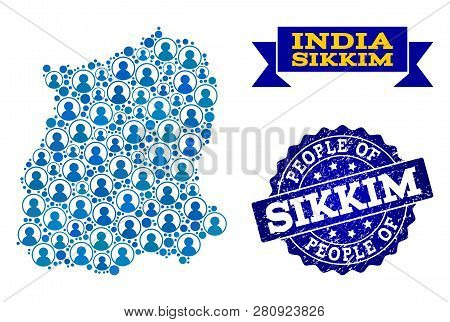 People Collage Of Blue Population Map Of Sikkim State And Grunge Seal Stamp. Vector Seal With Grunge
