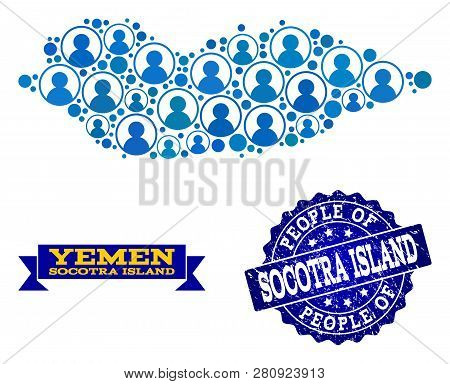 People Combination Of Blue Population Map Of Socotra Island And Corroded Seal Stamp. Vector Seal Wit