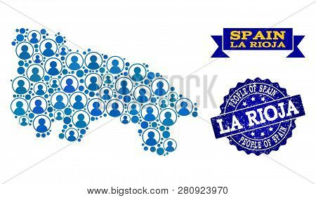 People Collage Of Blue Population Map Of Spain - La Rioja And Rubber Seal Stamp. Vector Seal With Un