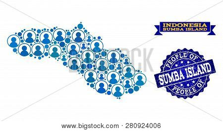 People Collage Of Blue Population Map Of Sumba Island And Rubber Seal Stamp. Vector Seal With Distre