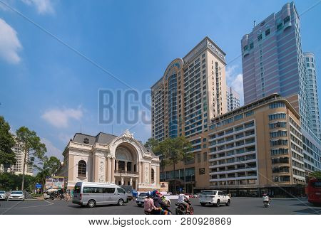 Ho Chi Minh City, Vietnam, 01 2019: Sai Gon Opera House Or Greco Roman Woman Statues Old Opera House