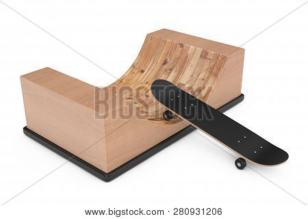 Modern Skateboard With Wooden Halfpipe Ramp On A White Background. 3d Rendering