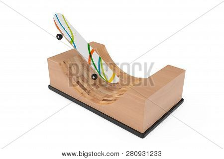 Modern Skateboard With Wooden Halfpipe Ramp On A White Background. 3d Rendering