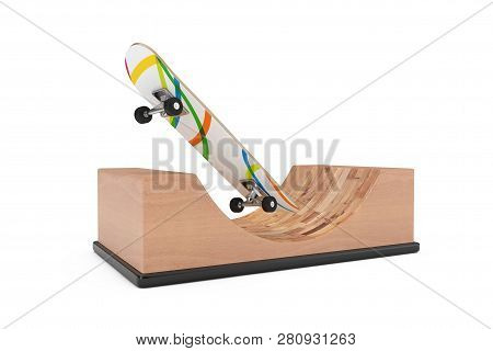 Modern Skateboard With Wooden Halfpipe Ramp On A White Background. 3d Rendering