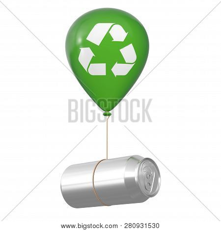 Blank Aluminum Can Floating With Green Hellium Balloon With Recycle Sign On A White Background. 3d R