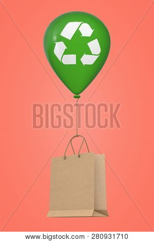 Brown Recycled Paper Shopping Bag Floating With Green Hellium Balloon With Recycle Sign On A Pink Ba