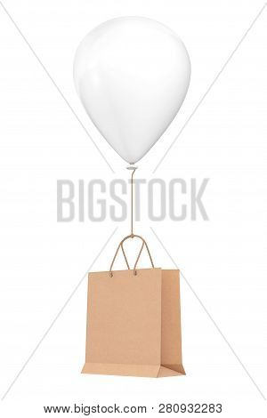 Brown Recycled Paper Shopping Bag Floating With White Hellium Balloon On A White Background. 3d Rend