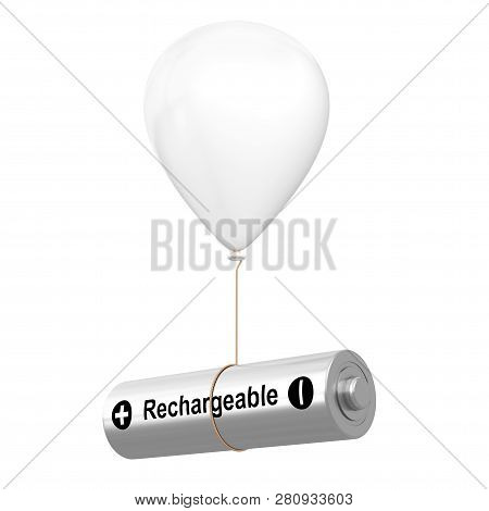Rechargeable Battery Floating With White Hellium Balloon On A White Background. 3d Rendering
