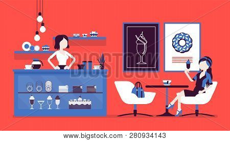 Confectionery Store, Shop With Sweet Assortment And Shop Visitor. Female Seller At Display Window, W