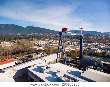 North Vancouver, Bc, Canada - Jan 13, 2019: Large Industrial Seaspan Crane At The Port In North Vanc