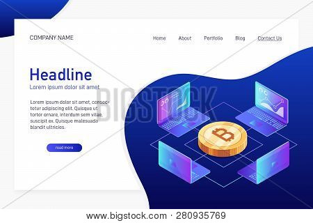 Concept Of Web Site Main Page, Landing Page With Isometry. Isometric Concept Of Mining Bitcoin Using