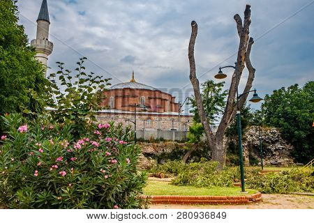 Istanbul, Turkey. Sultanahmed. View Of The Mosque And The Park