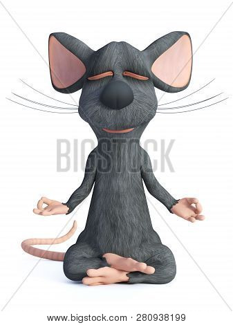 3d Rendering Of A Cartoon Mouse Doing Yoga, Sitting In A Lotus Pose With Hands In A Chin Mudra Pose 