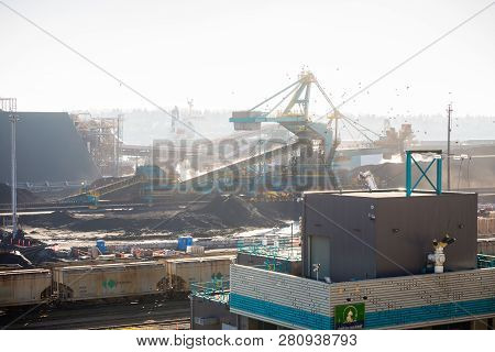 North Vancouver, Bc, Canada - Jan 13, 2019: A View Of The Trainyard And Resource Terminal In North V