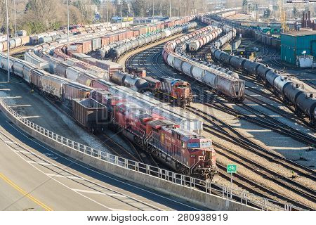 North Vancouver, Bc, Canada - Jan 13, 2019: A View Of The Trainyard And Resource Terminal In North V