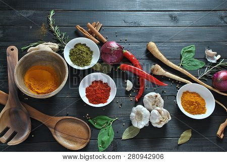 Colorful Various Of Fresh And Dried Herbs, Spices For Cooking. Spice And Herb Seasoning, Paprika Pow