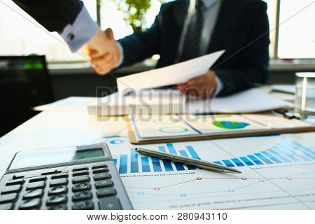 Businessman In Sut Hand Shake In Ofiice Closeup. Introduce Manager Job Man Risk Chart Paper How Deal