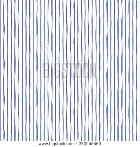 Blue Thin Hand Drawn Wavy Uneven Vertical Stripes On White Backrgound Vector Seamless Pattern. Class