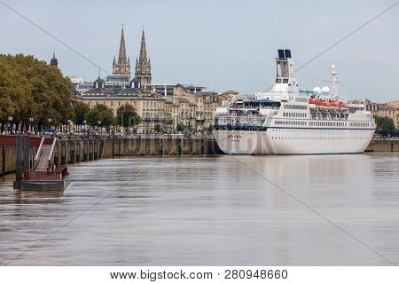 Bordeaux, France - September 9, 2018: Cruise Ships In The Garonne River Harbour. Bordeaux, Gironde. 