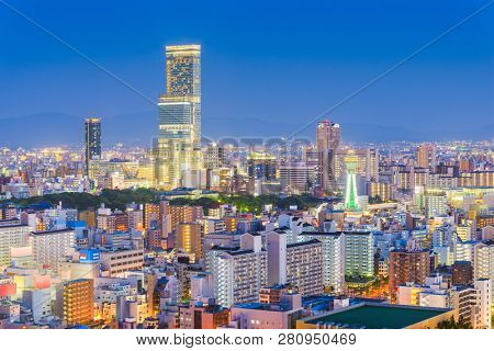 Osaka, Japan city skyline in the Abeno District at dusk.