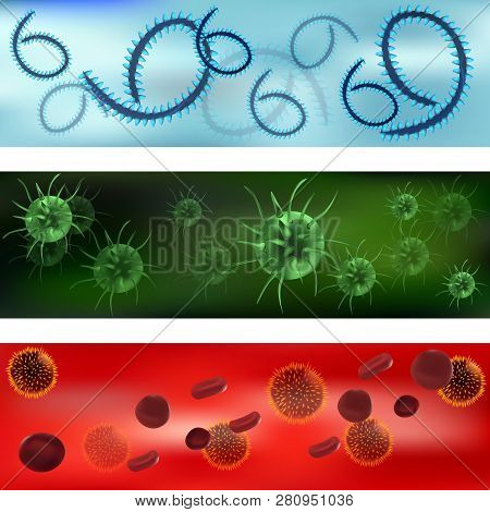 A Set Of Viruses And Bacteria. Viruses And Bacteria Under The Microscope. Bacterial Virus, Microbial