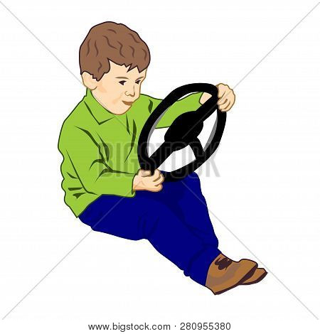 Little Boy Holding Steering Wheel - Vector Clipart. The Child Is Played In The Driver, Dreaming To D