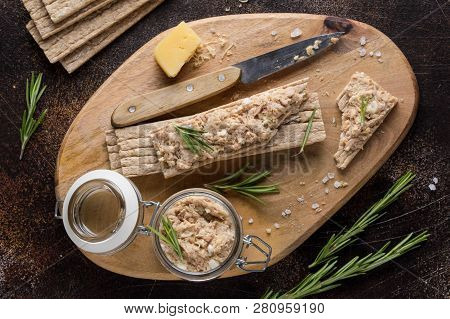 Tuna Pate With Egg, Cheese In Jar And Crispy Bread. Fish Rillette, Healthy Snack, Diet Food
