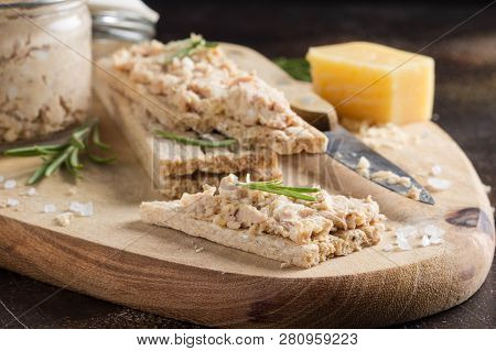 Tuna Pate With Egg, Cheese In Jar And Crispy Bread. Fish Rillette, Healthy Snack, Diet Food